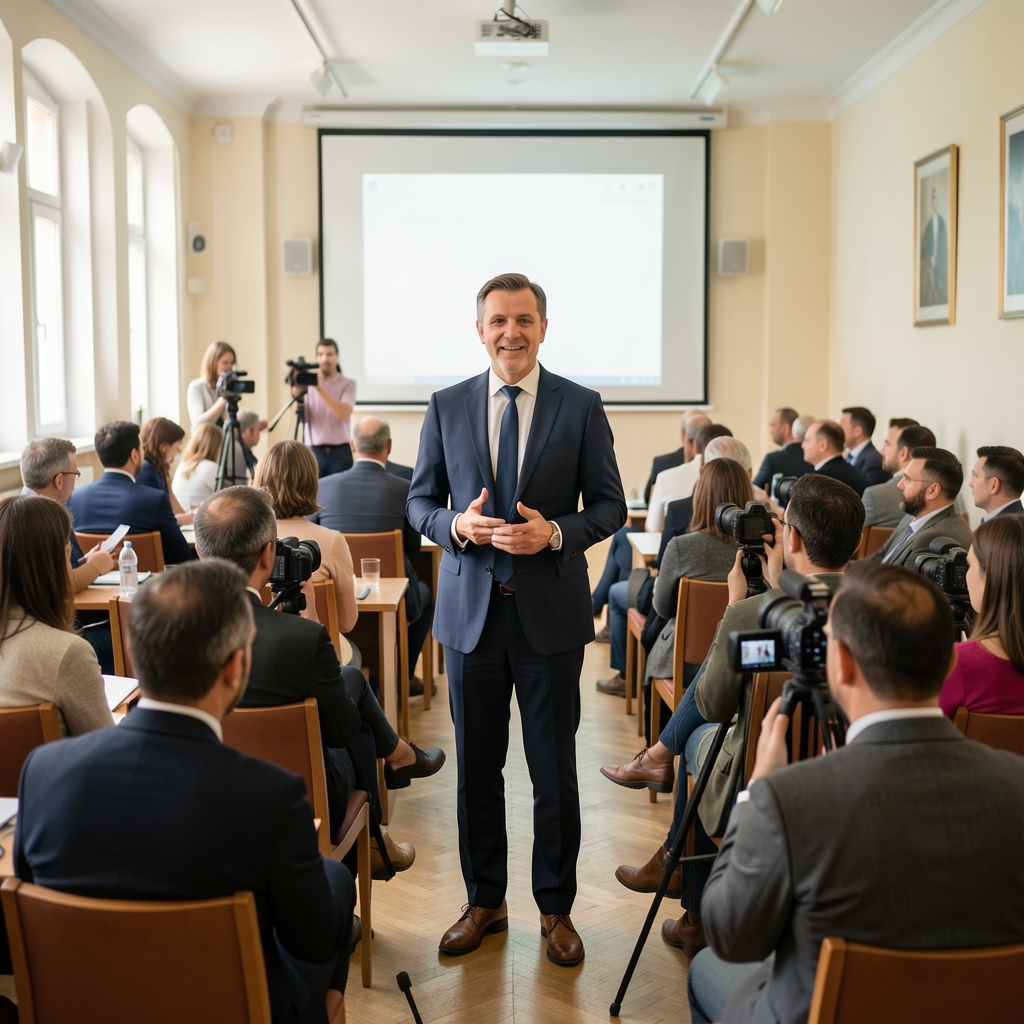 Медијски стручњак предаје на радионици о дигиталним компетенцијама новинара пред аудиторијумом у конференцијској сали